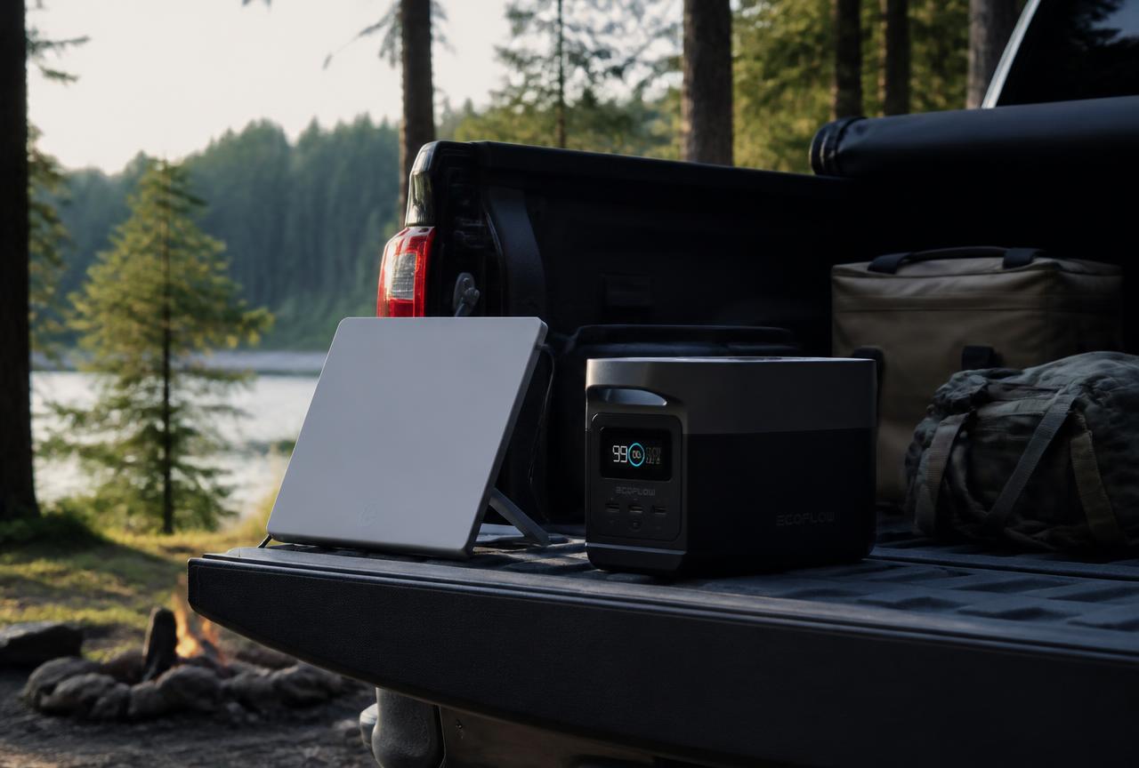Compact rectangular Starlink Mini terminal and a portable power station set up at a remote British Columbia campsite