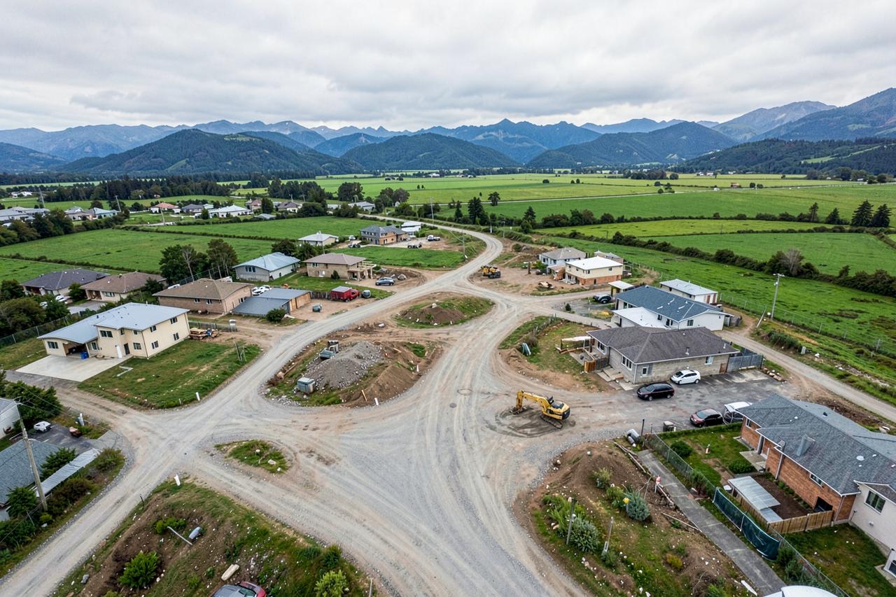 Aerial view of a residential construction site in the Fraser Valley, British Columbia