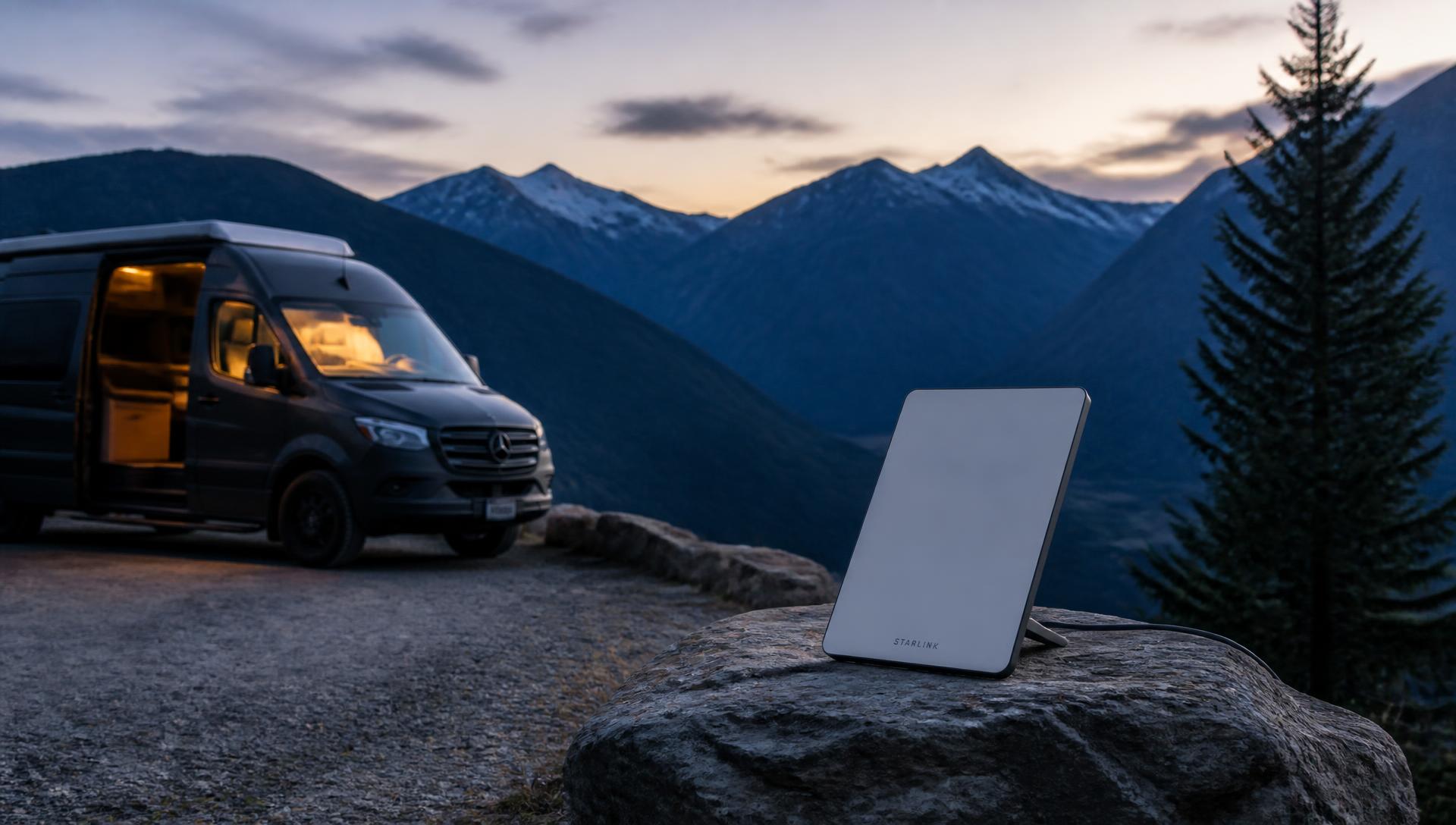 A compact portable Starlink Mini terminal set up on a rock beside a camper van at dusk in the British Columbia mountains
